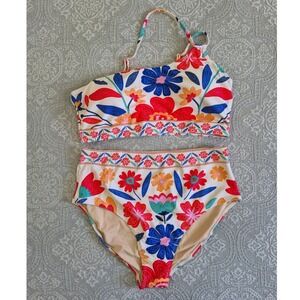 Herseas Floral One Shoulder High Waisted Bikini Set Multicolor Cream Red Blue XL